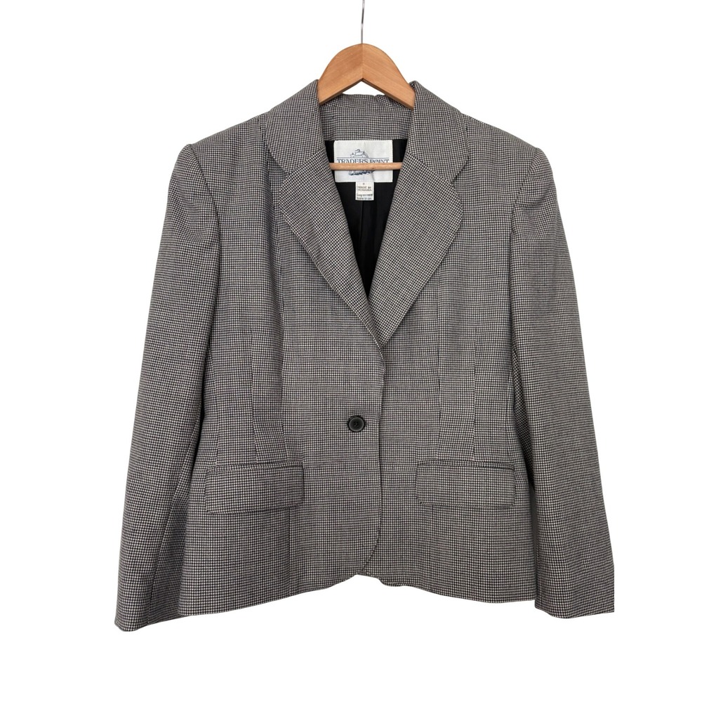Traders Point Wool Houndstooth Blazer Jacket Black White Single Button Size 8